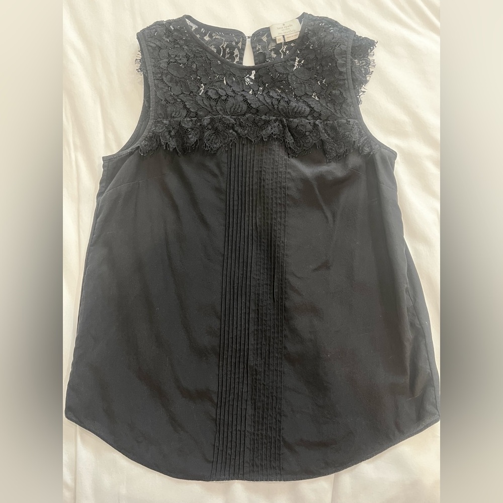 Kate Spade Lace Pleated Black Silk Shell Top XS